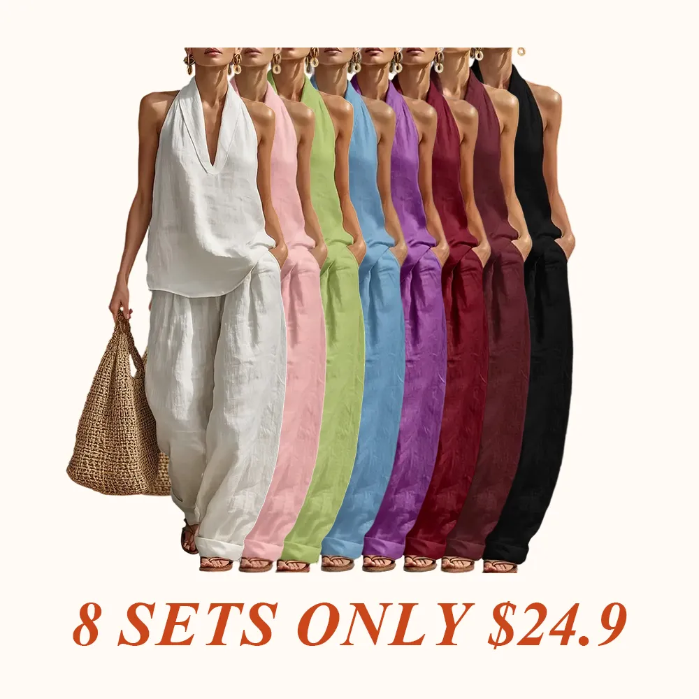 Two Piece Set - Perfect for Beach, Vacation & Brunch! Halter Neck Sleeveless Top Wide Leg Pants Set