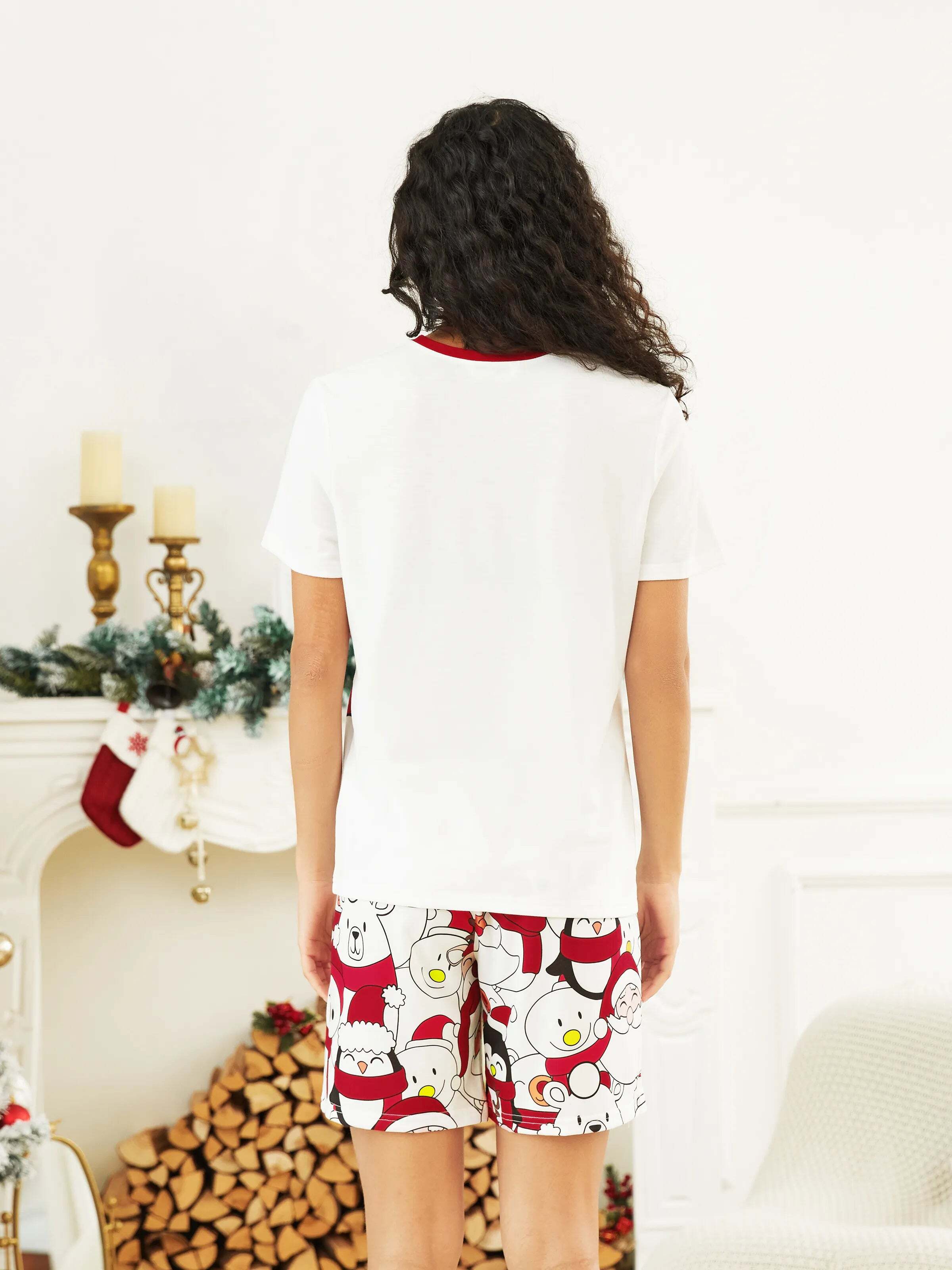 Christmas Santa and Snowman Print Family Matching Short-sleeve Tops and Shorts Pajamas Sets White