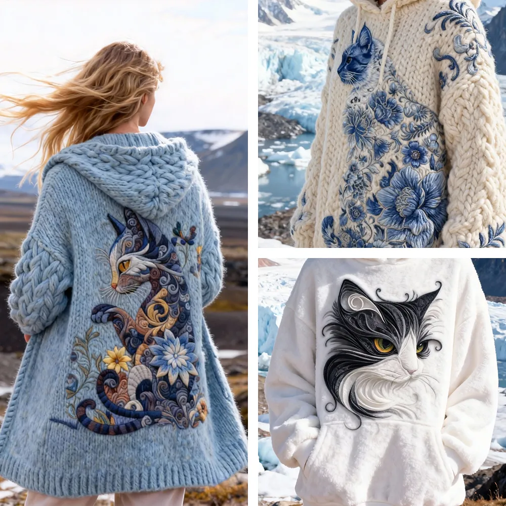3 PCS $17.97 Women's Artistic Animals Line Knit Hooded Sweater