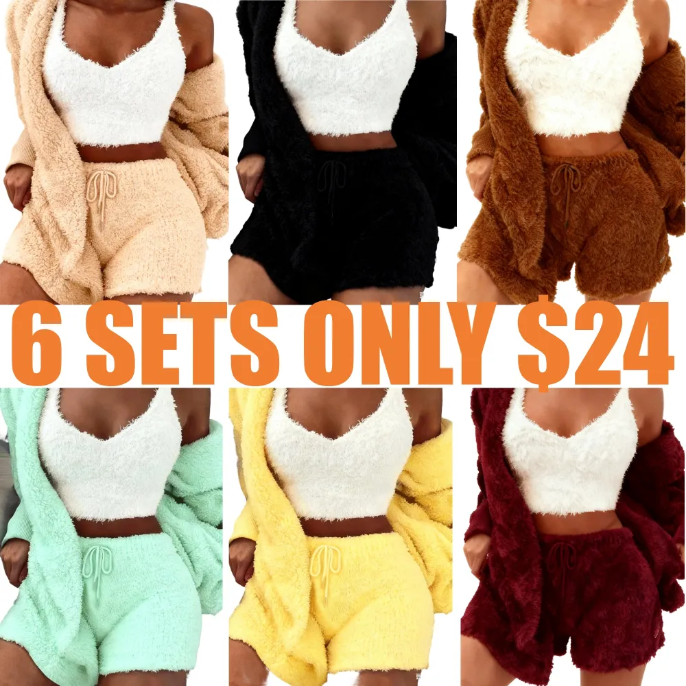 Women's Solid Color Plush Three-piece Pyjama Set