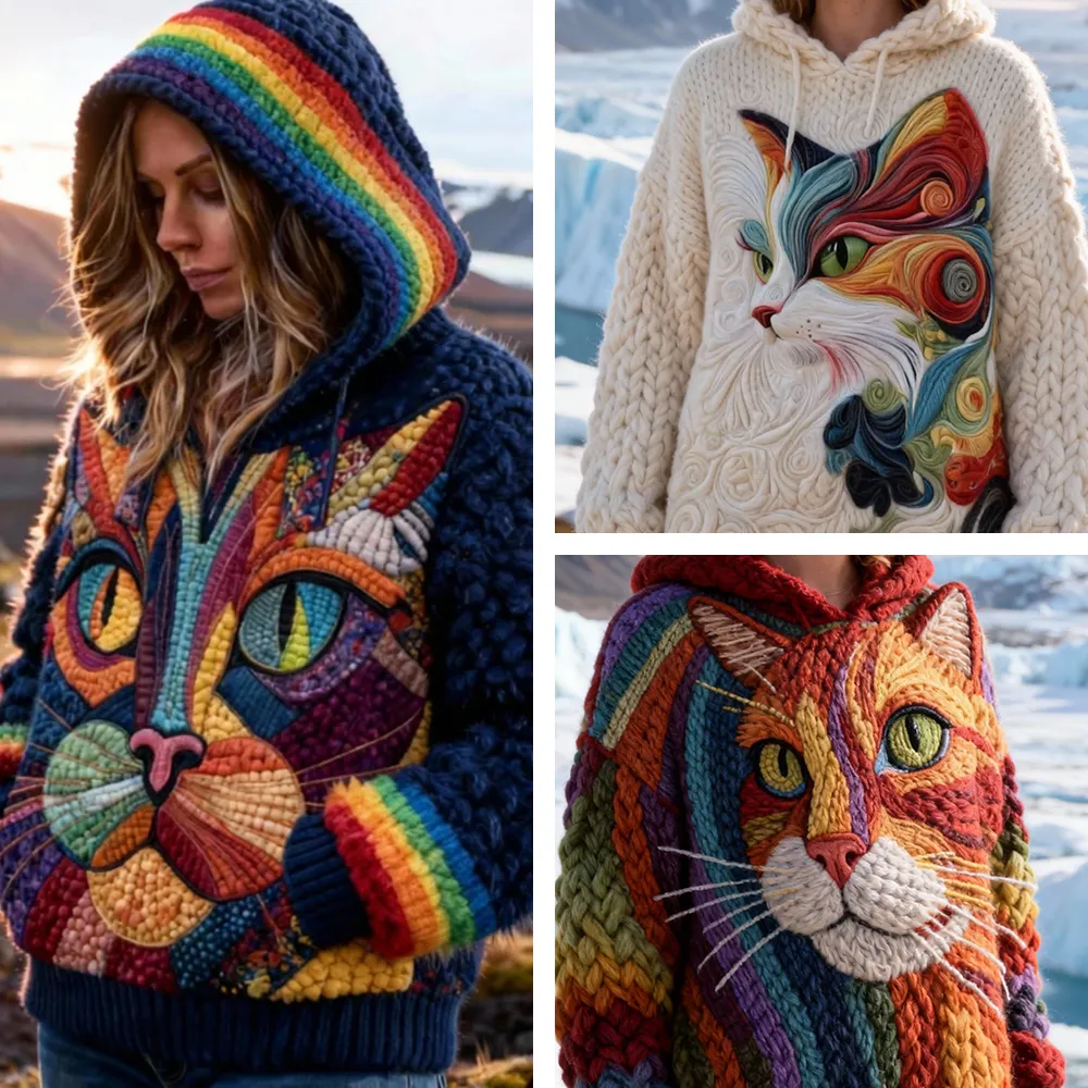 3 PCS $17.97 Women's Artistic Animals Line Knit Hooded Sweater