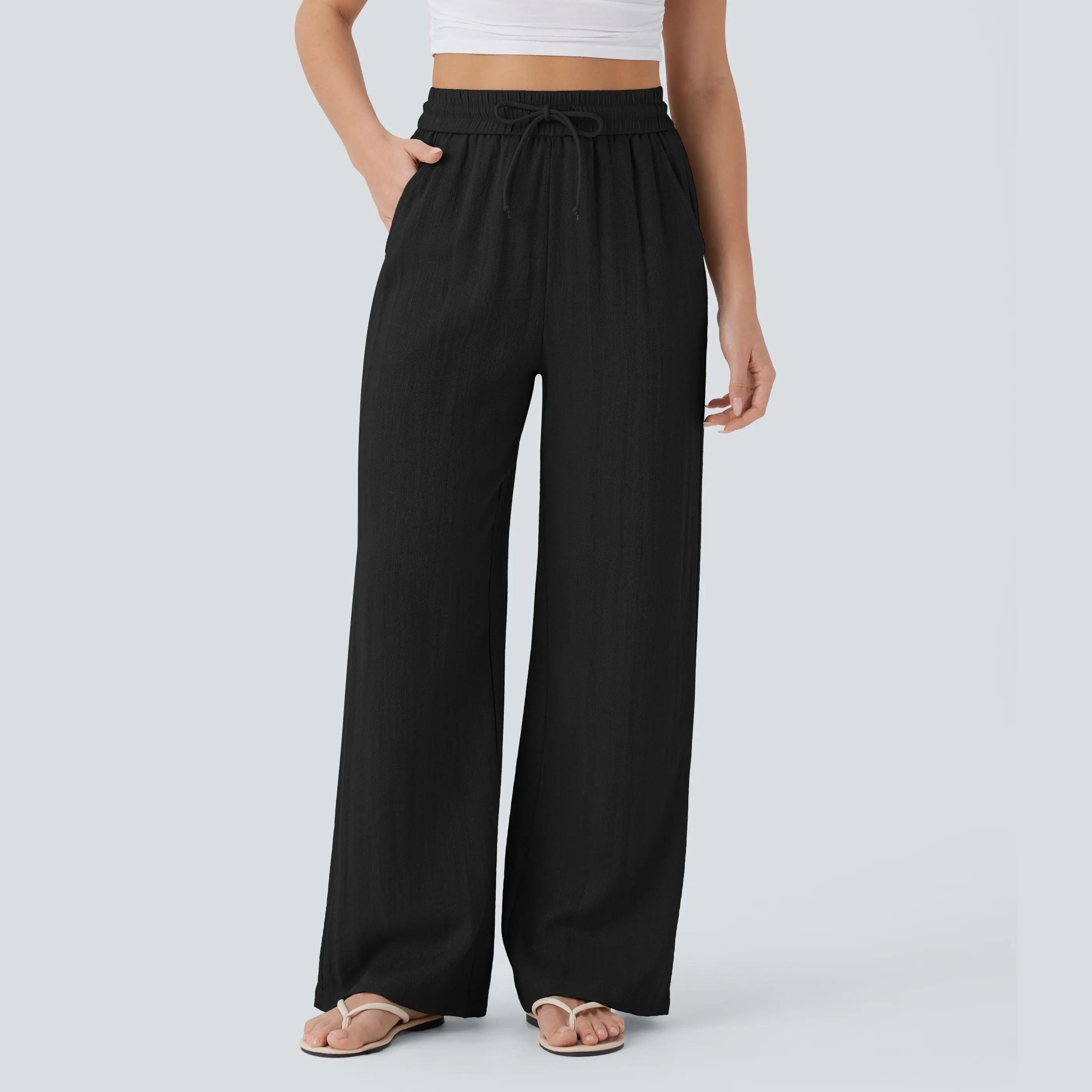 Women's High Waisted Wide Leg Pants – Linen-Feel Casual Drawstring with Pockets