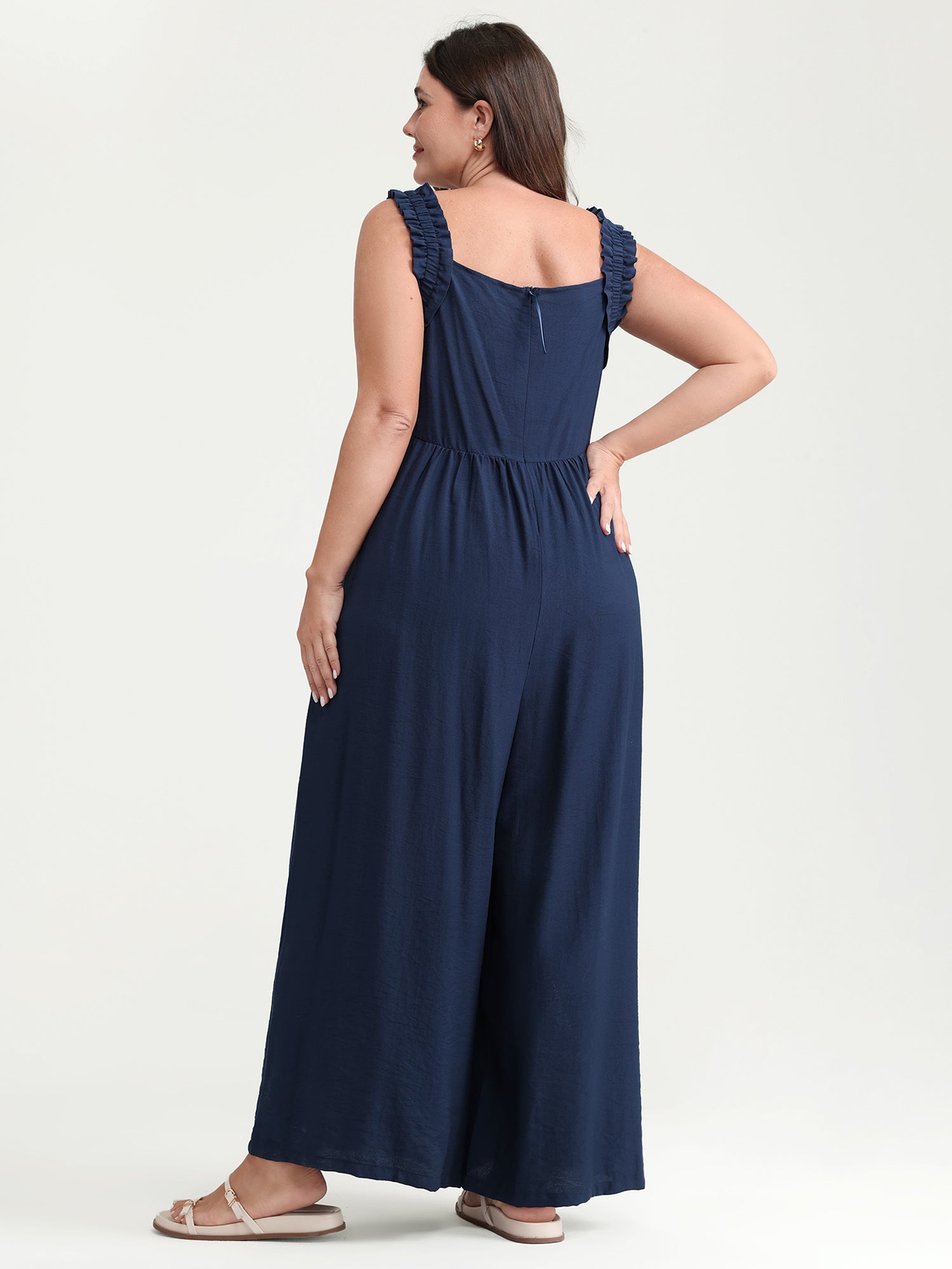 Shirred Wide-Straps Wide-Leg Jumpsuit