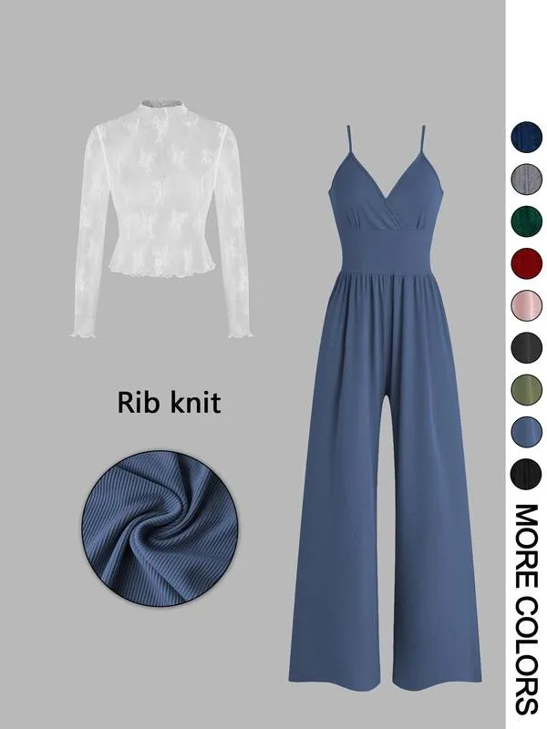 Women's Solid Color Lace Tee & Pocket Jumpsuit Two-piece Set