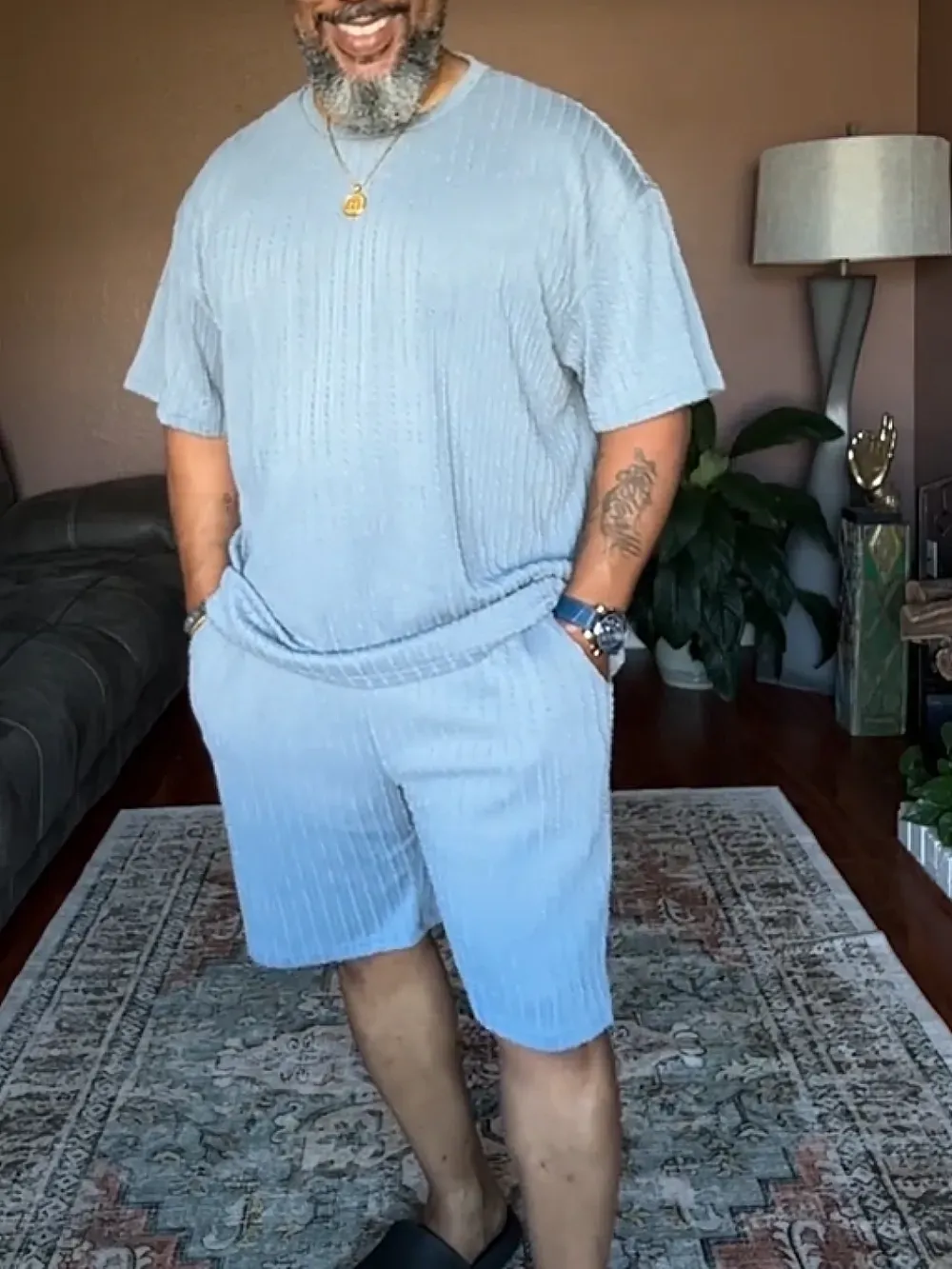 Men'S Solid Color Textured T-Shirt & Pants Set