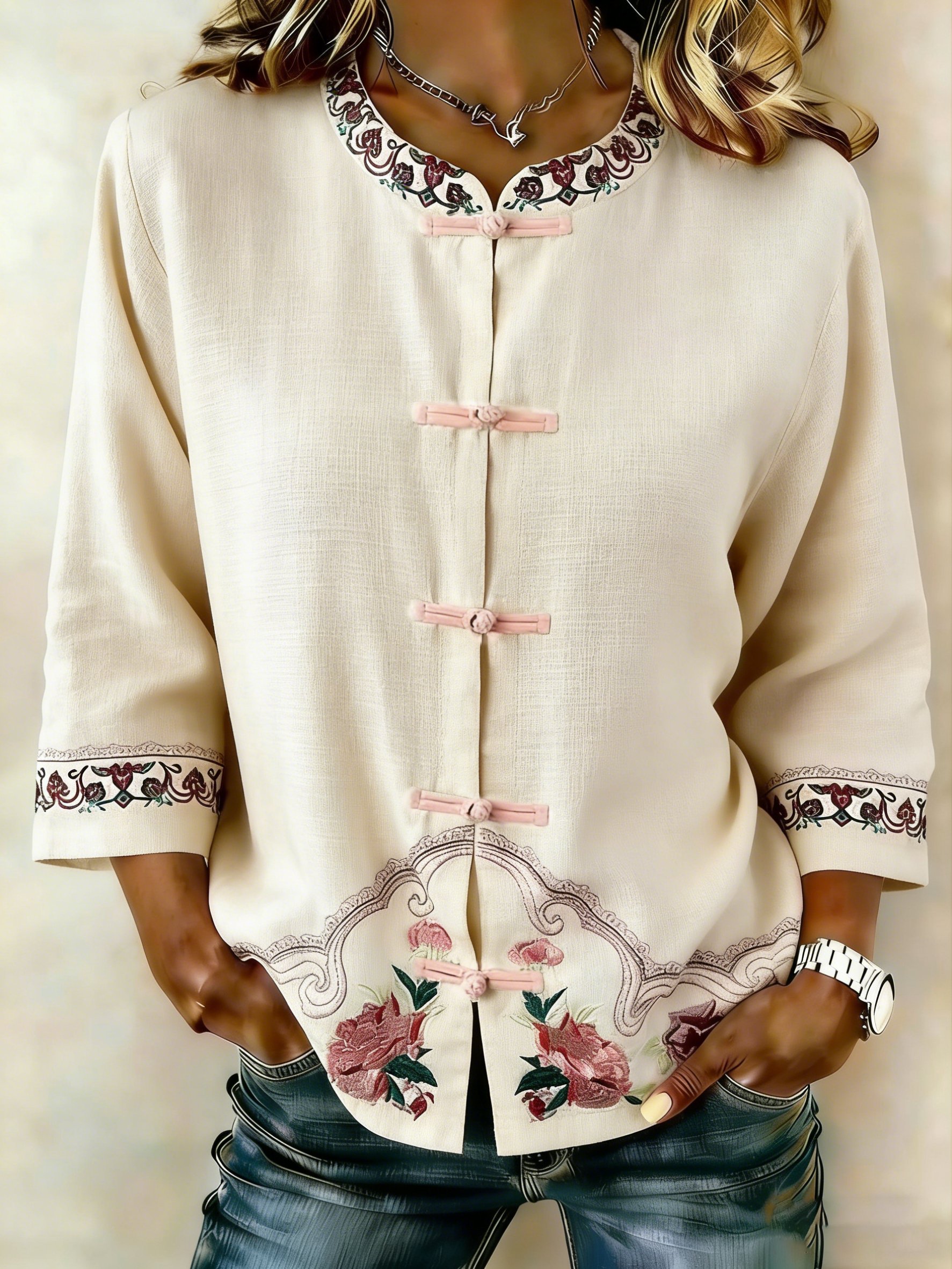 Women's Retro Floral Diagonal Placket Button Cotton Linen Three-Quarter Sleeve Shirt
