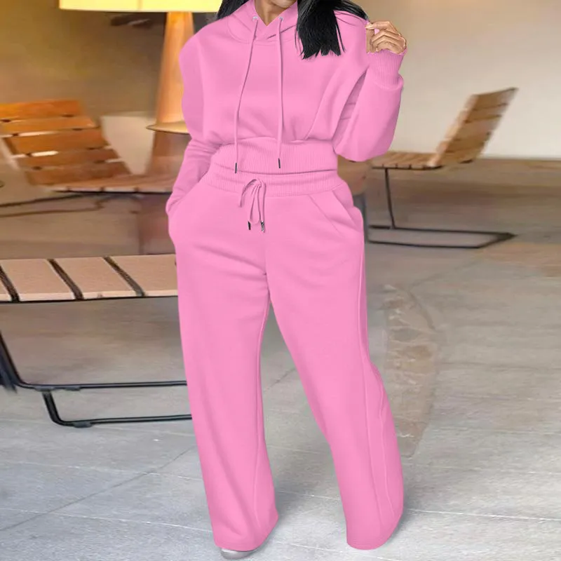 Hooded Long Sleeve Sweatshirt and Casual Wide Leg Sweatpants Set