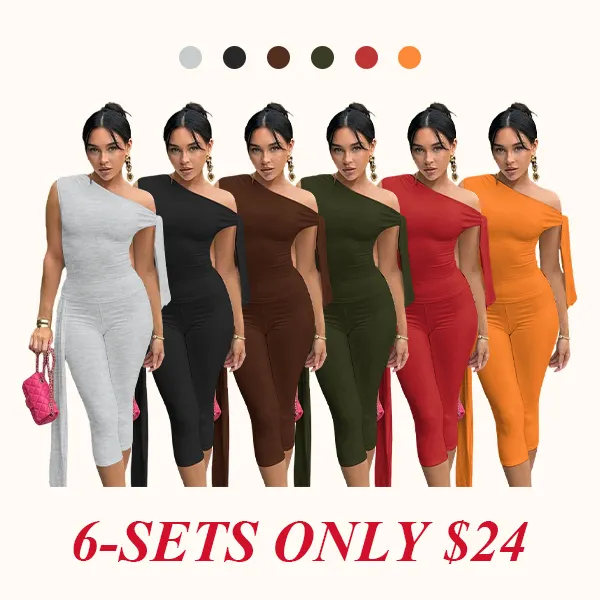 Women's Solid Asymmetrical Neck Knot Design Top & High Waist Capri Pants Two-piece Set