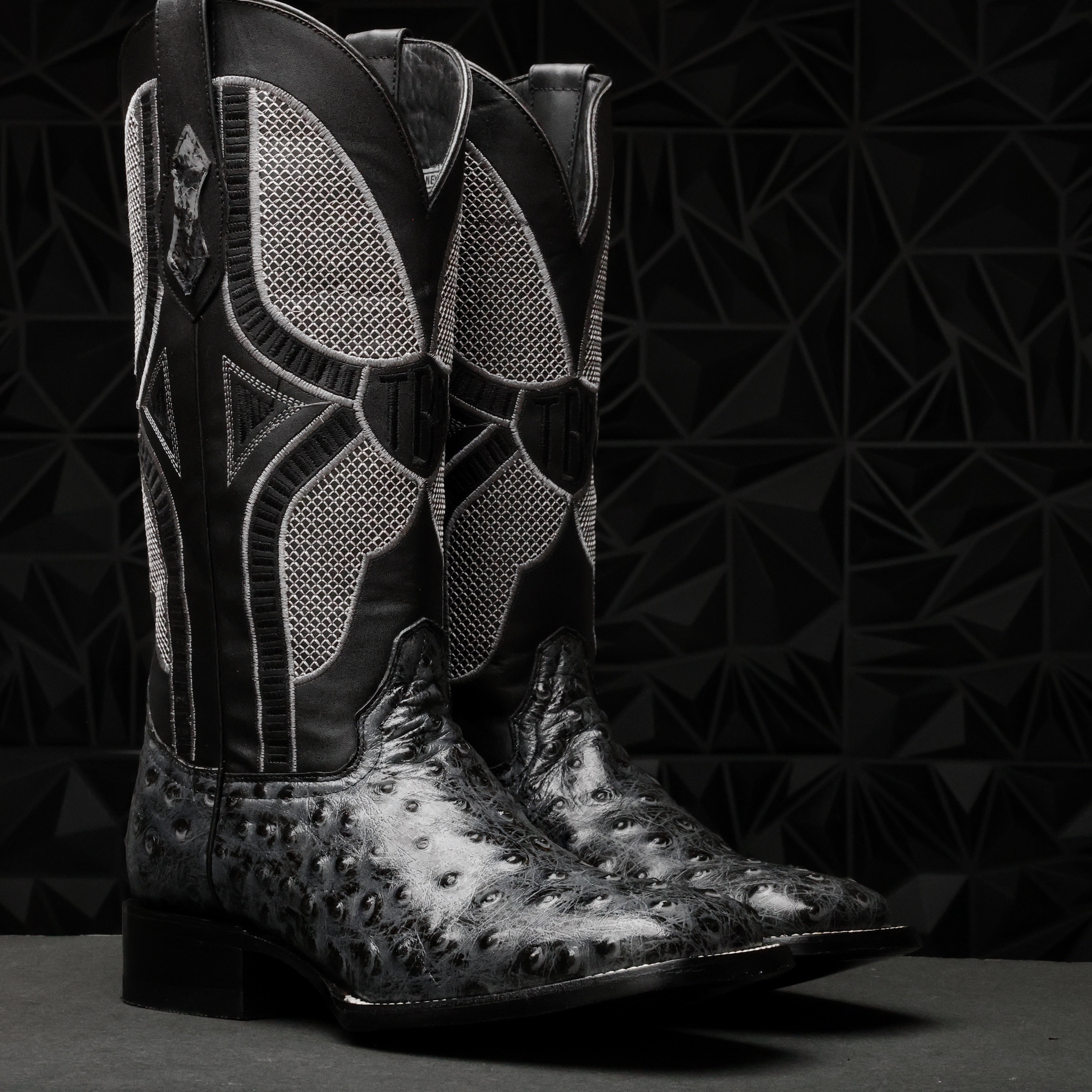 Grey Ostrich Leather Boots - Square Toe