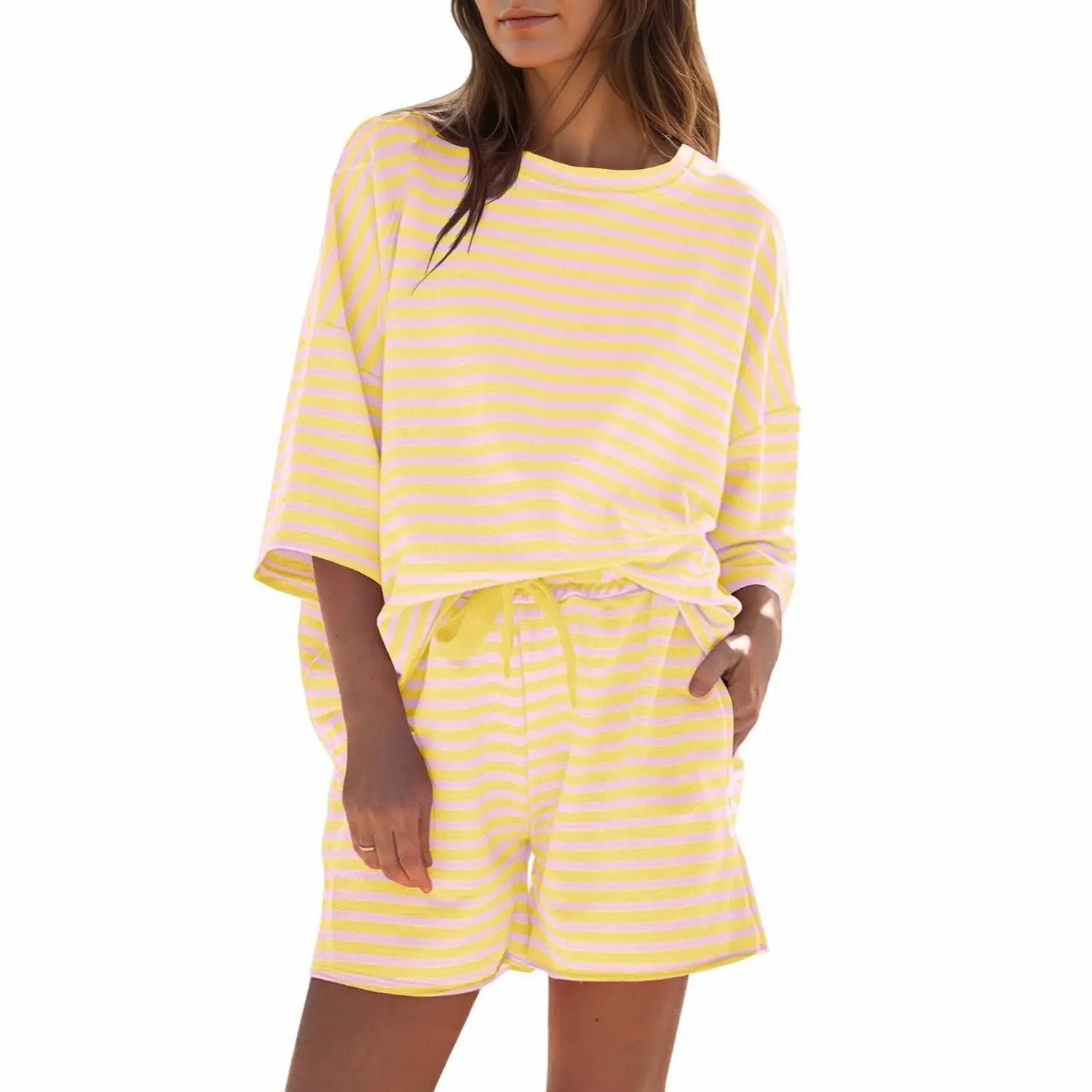 Women's Striped 2-Piece Lounge Set – 3/4 Sleeve Sweatsuit & High Waist Shorts