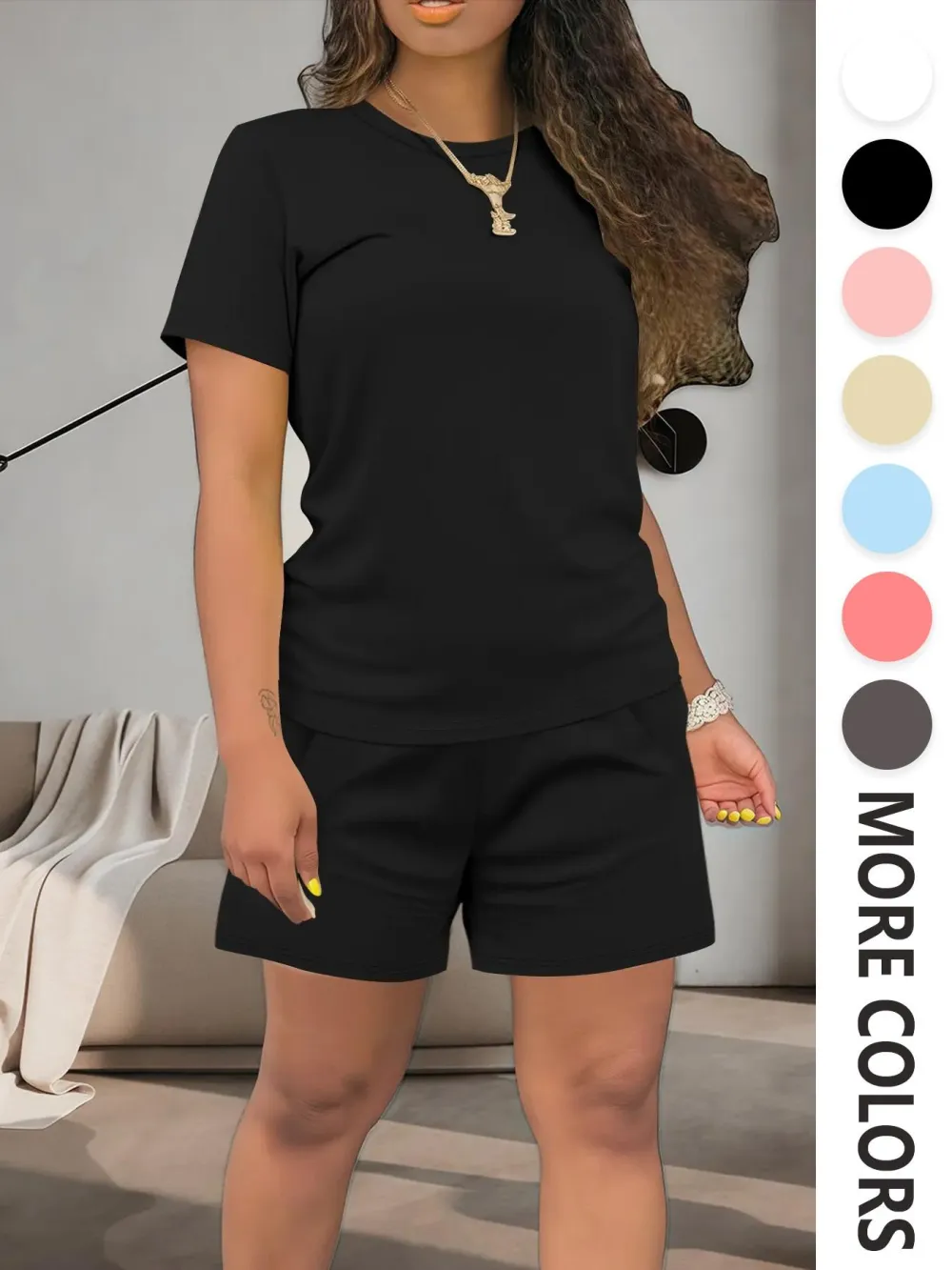 Women's Summer Casual Set, Regular Fit Short Sleeve Top & Shorts, Plain Color Women's