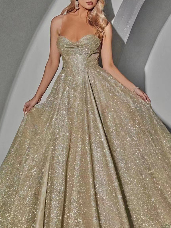 Shiny Gauze Sleeveless Spaghetti-Neck Tube Evening Maxi Dresses