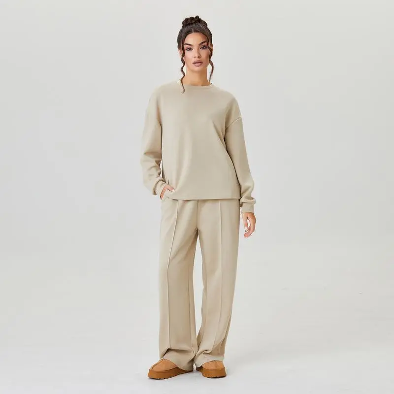 Women's Casual Solid Color Loose Long Sleeve Top & Exposed Stitches Trousers Co-ord