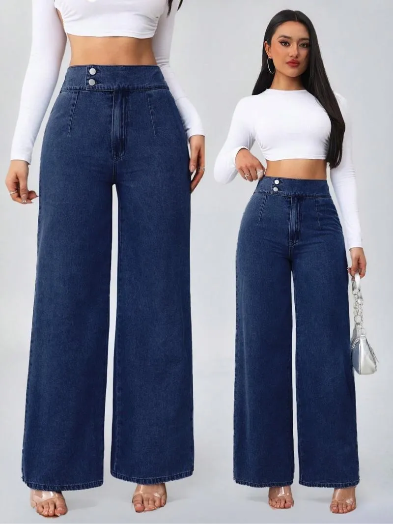 Women's Vintage Elegant High Waist Wide Leg Jeans, Button Front Elastic Waist Loose Fit