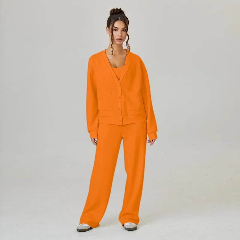 Women's Slouchy Solid Color V Neck Long Sleeve Button Cardigan & Drawstring Waist Trousers Co-ord