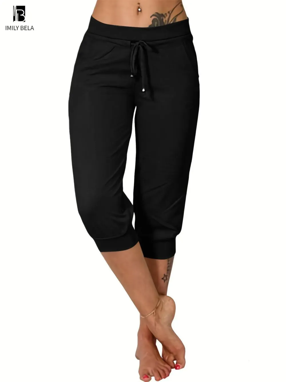 Women's Solid-Color Cropped Pants with Drawstring Waist — Casual Everyday Trousers with Pockets