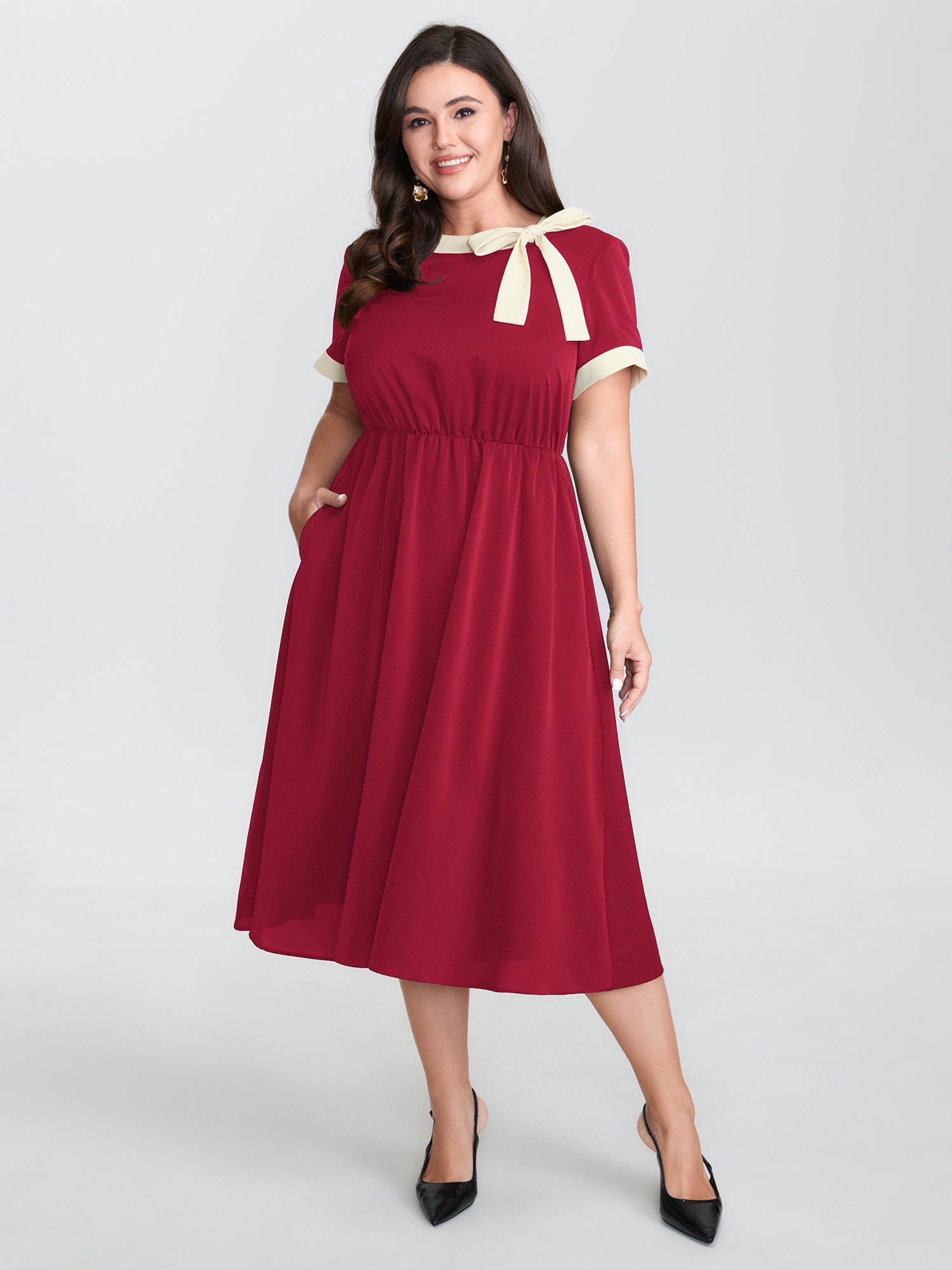 Bow Neckline Stretchy Waist Midi Dress