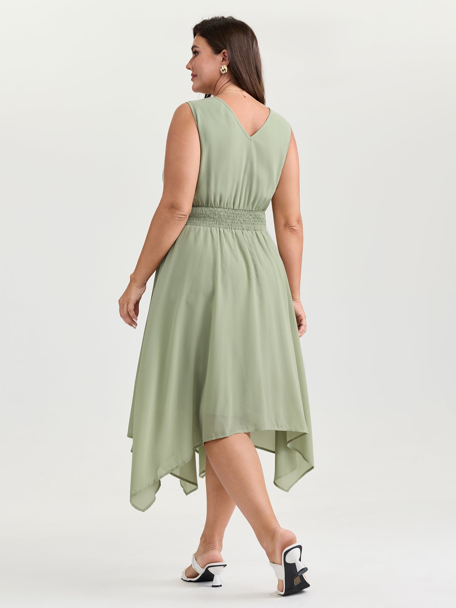 Pleated Waist Pockets High Low Hem Midi Dress