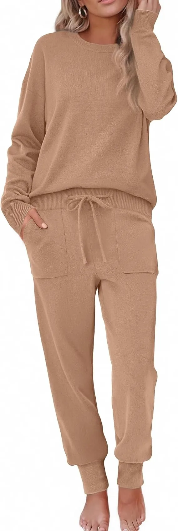 Women's Long Sleeve Knit Loungewear Set Jogger Pants Outfit