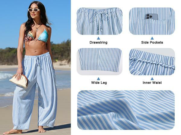 Women's Gingham Striped Wide Leg Pants – Low Waist Drawstring Palazzo with Pockets