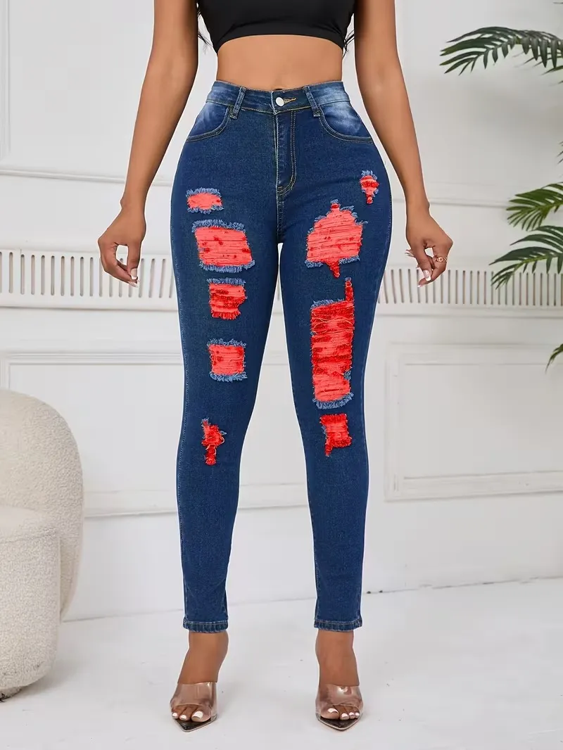 Women's Fashion Yellow Ripped Distressed Skinny Jean Slim Fit Denim Pants