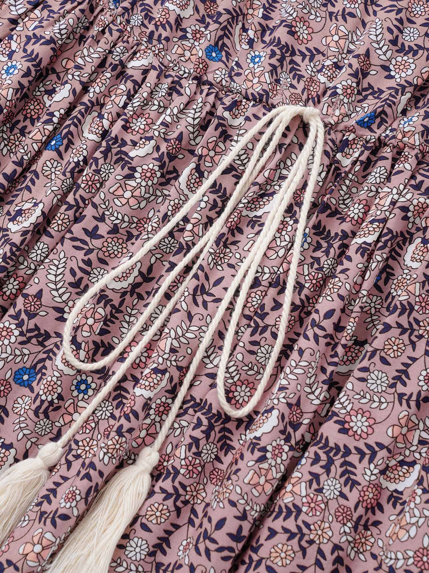 Boho Print Notched Ties Tassel Trim Dress