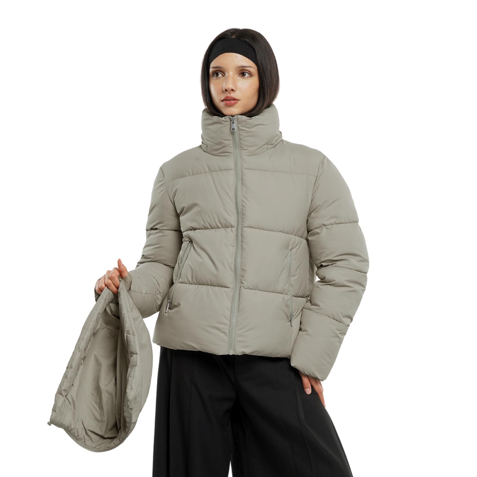 WarmCore Premium Short Puffer Jackets with Removable Hood & Optional Faux Fur Linging, Lady Casual Outerwear Longsleeves Zip Pockets Warm Quilted Coat