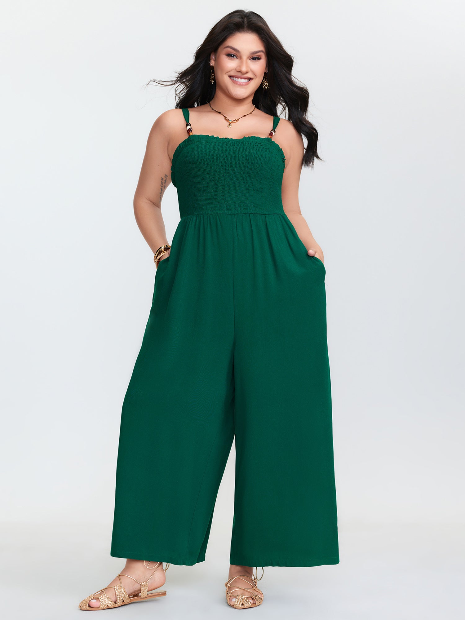 Shirred Bodice Adjustable Wide-Leg Jumpsuit