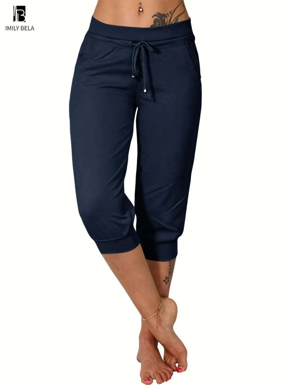 Women's Plain Drawstring Waist Capris Pants, Casual Pocket Trousers for Daily Wear