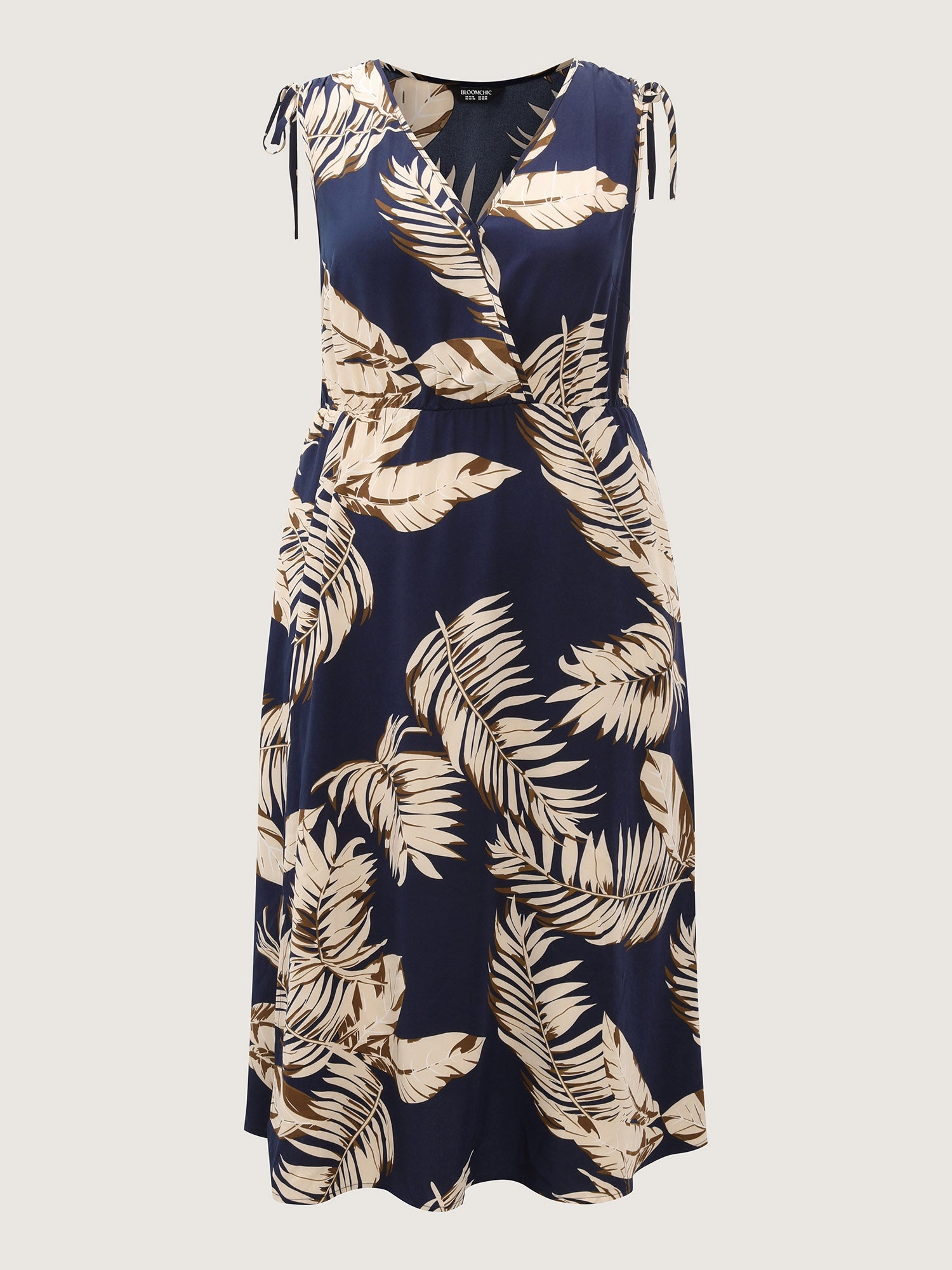 Tropical Print Wrap Neck Shoulder-Tie Midi Dress