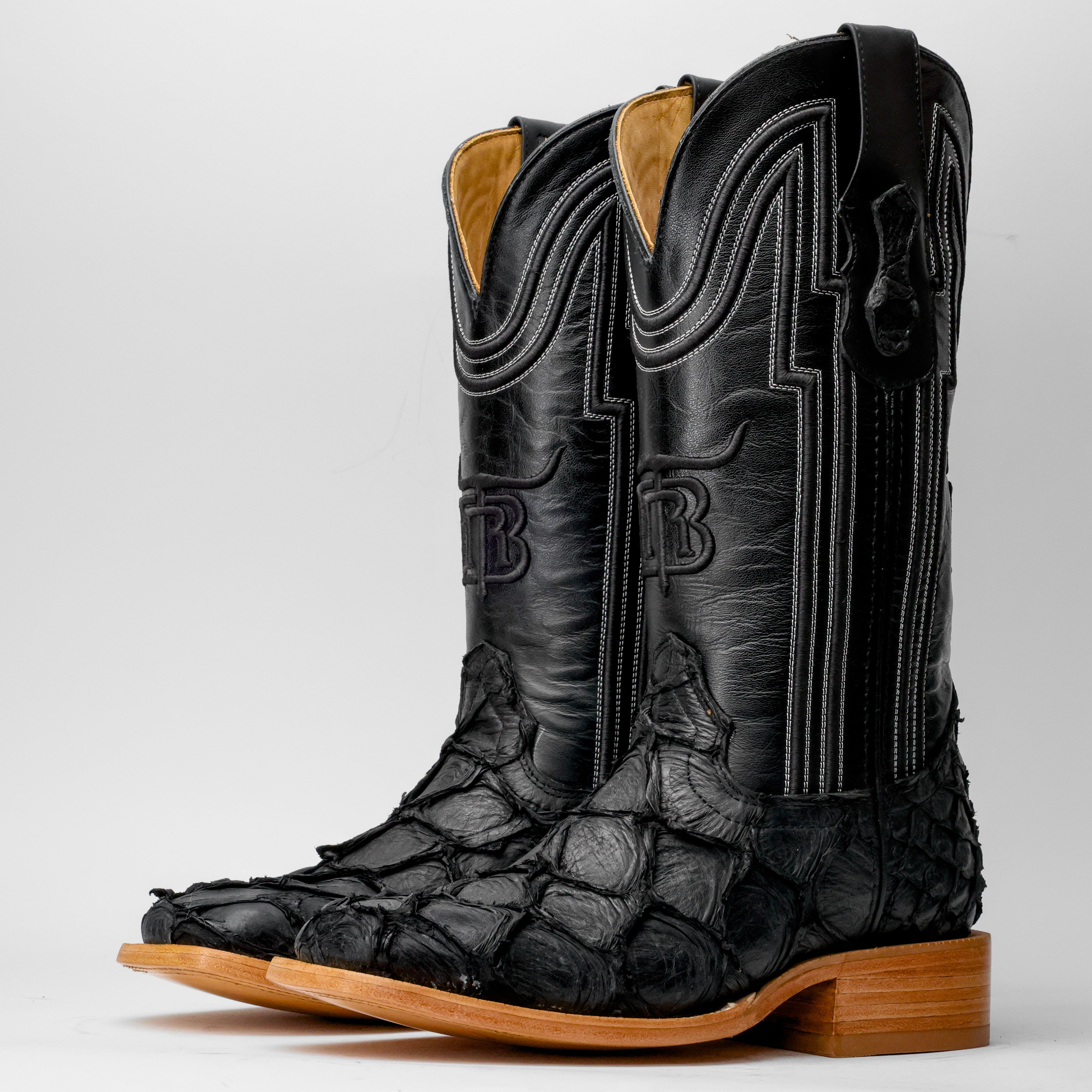 Matte Black Genuine Pirarucu Boots - Square Toe