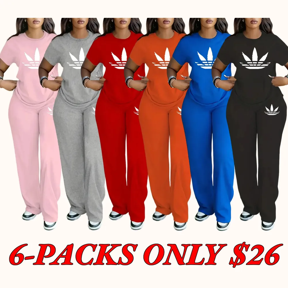 Plus-size women's spring/summer fashion printed round neck short-sleeved T-shirt and wide-leg pants two-piece set