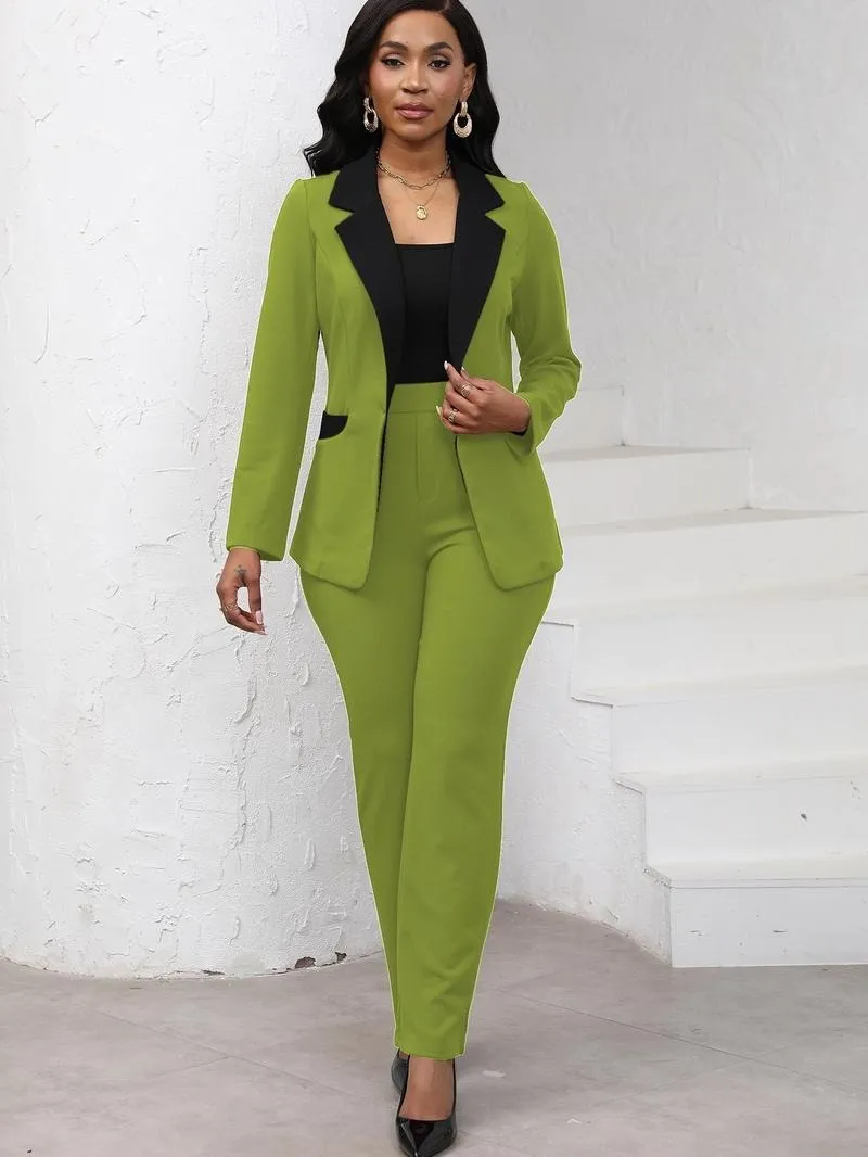 Women's Colorblock Blazer & Straight Leg Pants Set, Elegant Two-piece Set for Work Office Business, Ladies' Suits for All Seasons