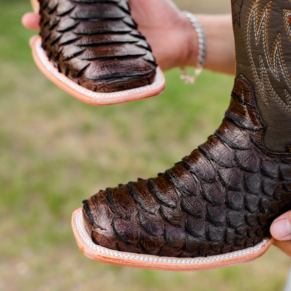 Chocolate Brown Python Leather Boots - Square Toe
