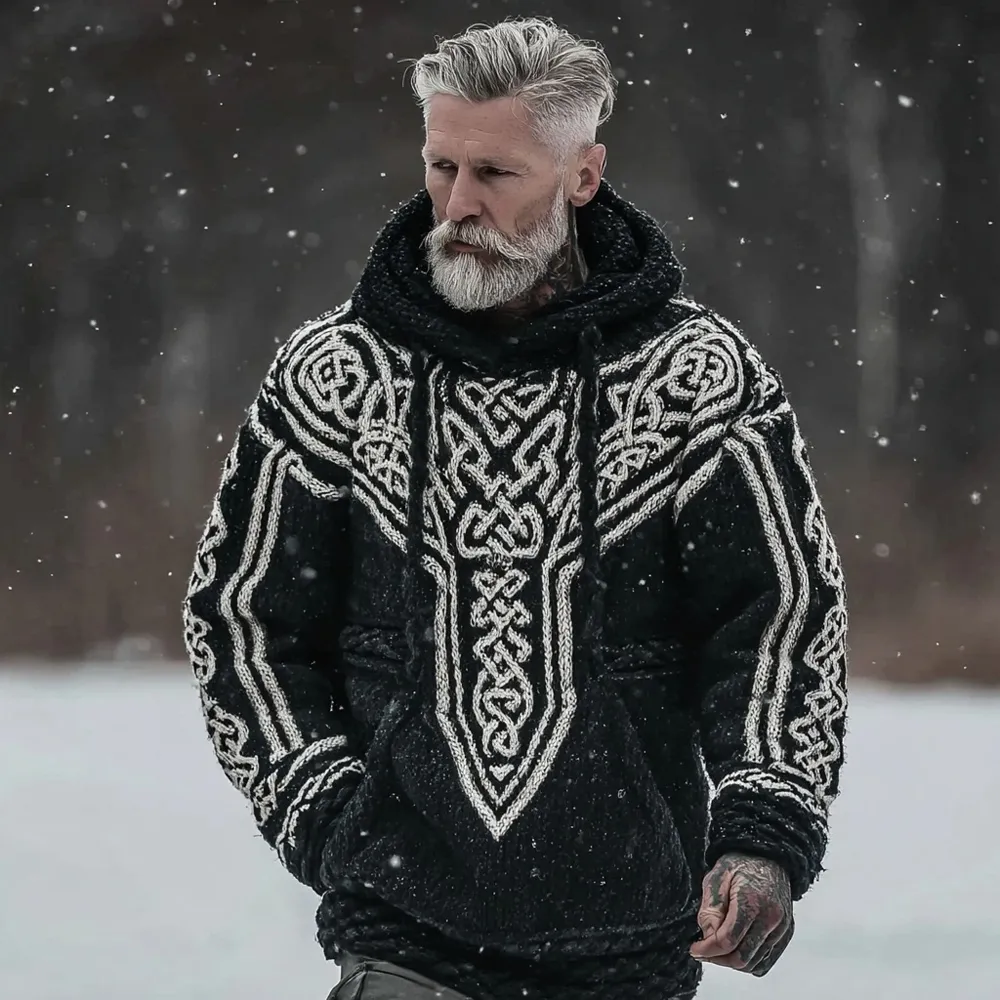 Men's Viking Inspired Vintage Chunky Hooded Sweater