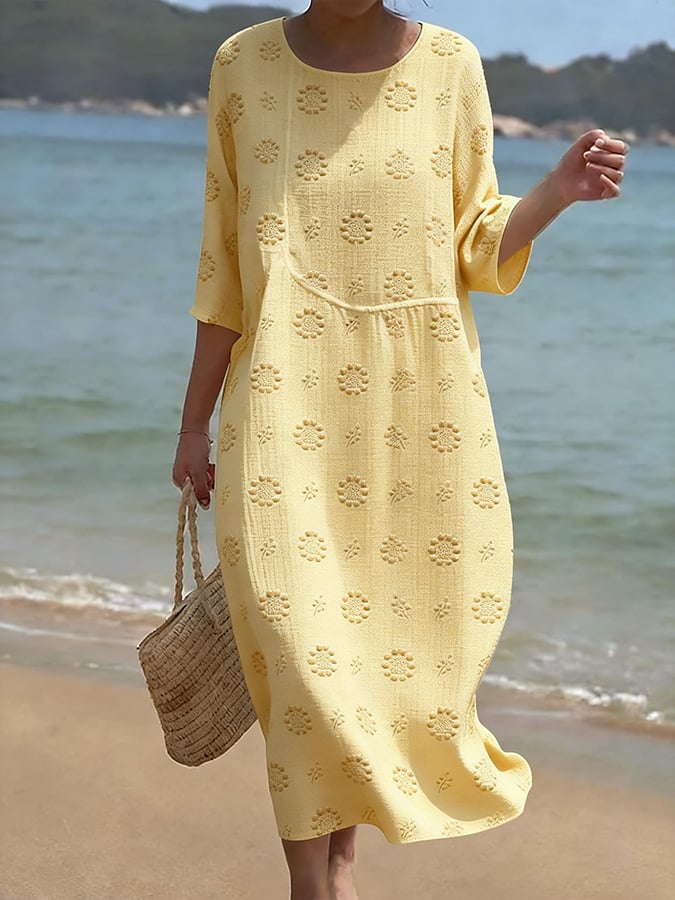 Women's Casual  Round Neck Mid Sleeve Print Cotton and Linen Dress- Fast Shipping
