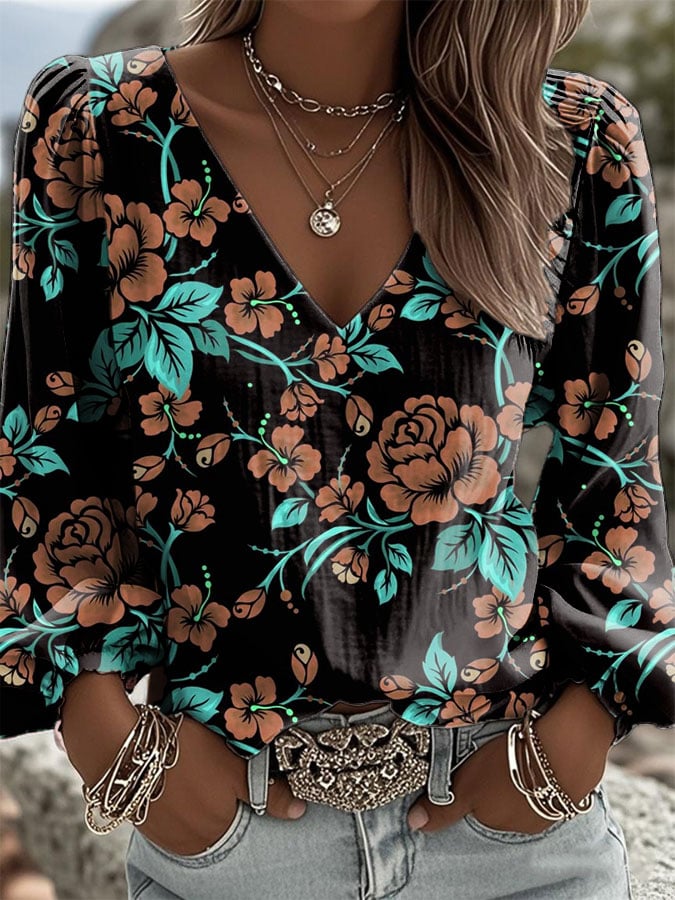 Women's Western Floral Casual V-Neck Top