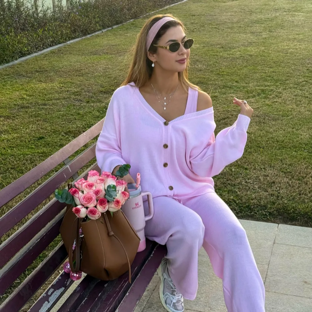 Women's Longsleeves  Cardigan & Wide Leg Pants Two-piece Set