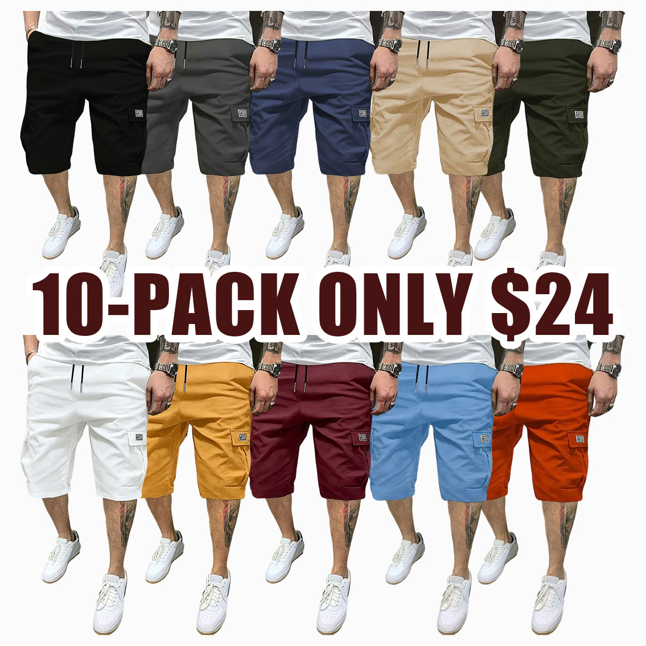 Men’s shorts ten-piece set, lightweight fabric, runs small—recommended to choose one size up, slanted pockets, versatile casual everyday wear, suitable for beach vacations; men’s shorts set