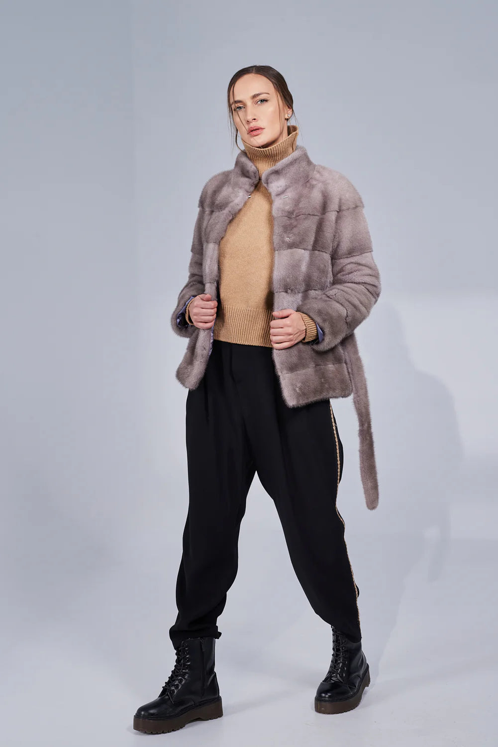 Haină din Blană Naturală de Vizon, cu Cordon, Femei, Silver Blue 194