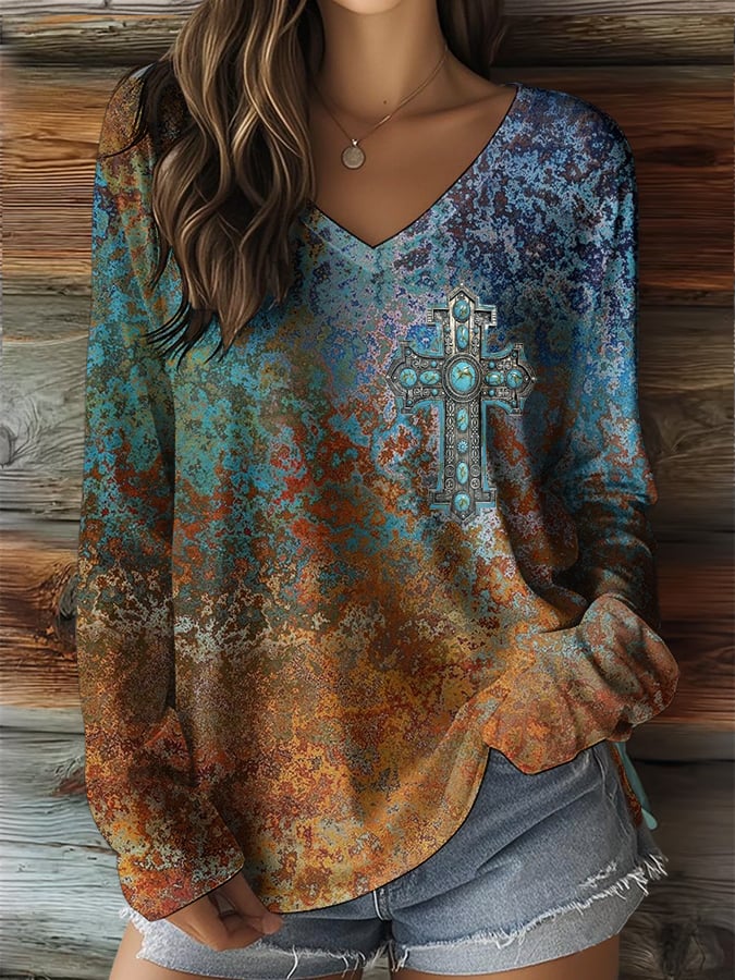 Women's Retro Western Style Graphic Print V-Neck Top