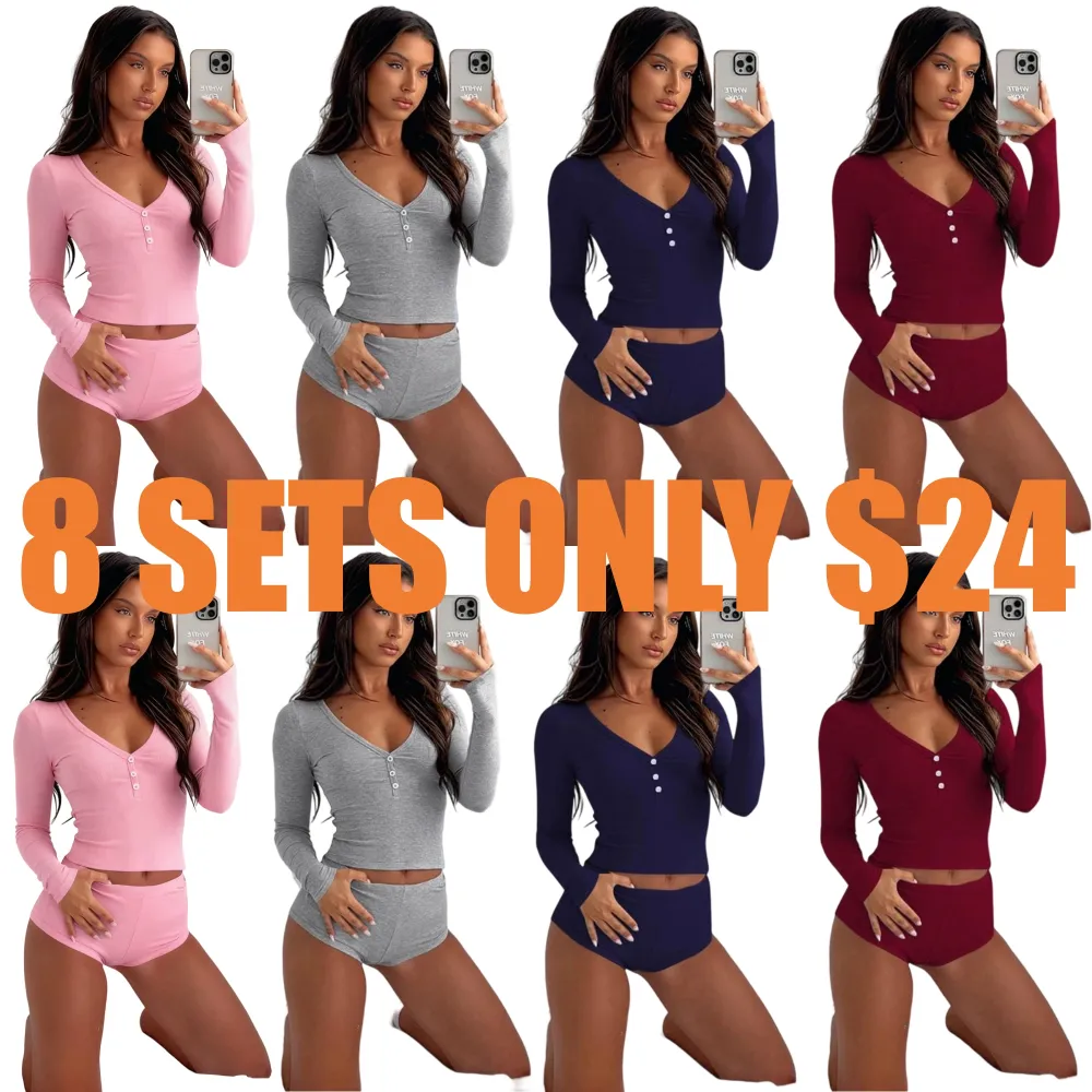 Women's Solid Long Sleeve Crop Top & High Waist Shorts Set