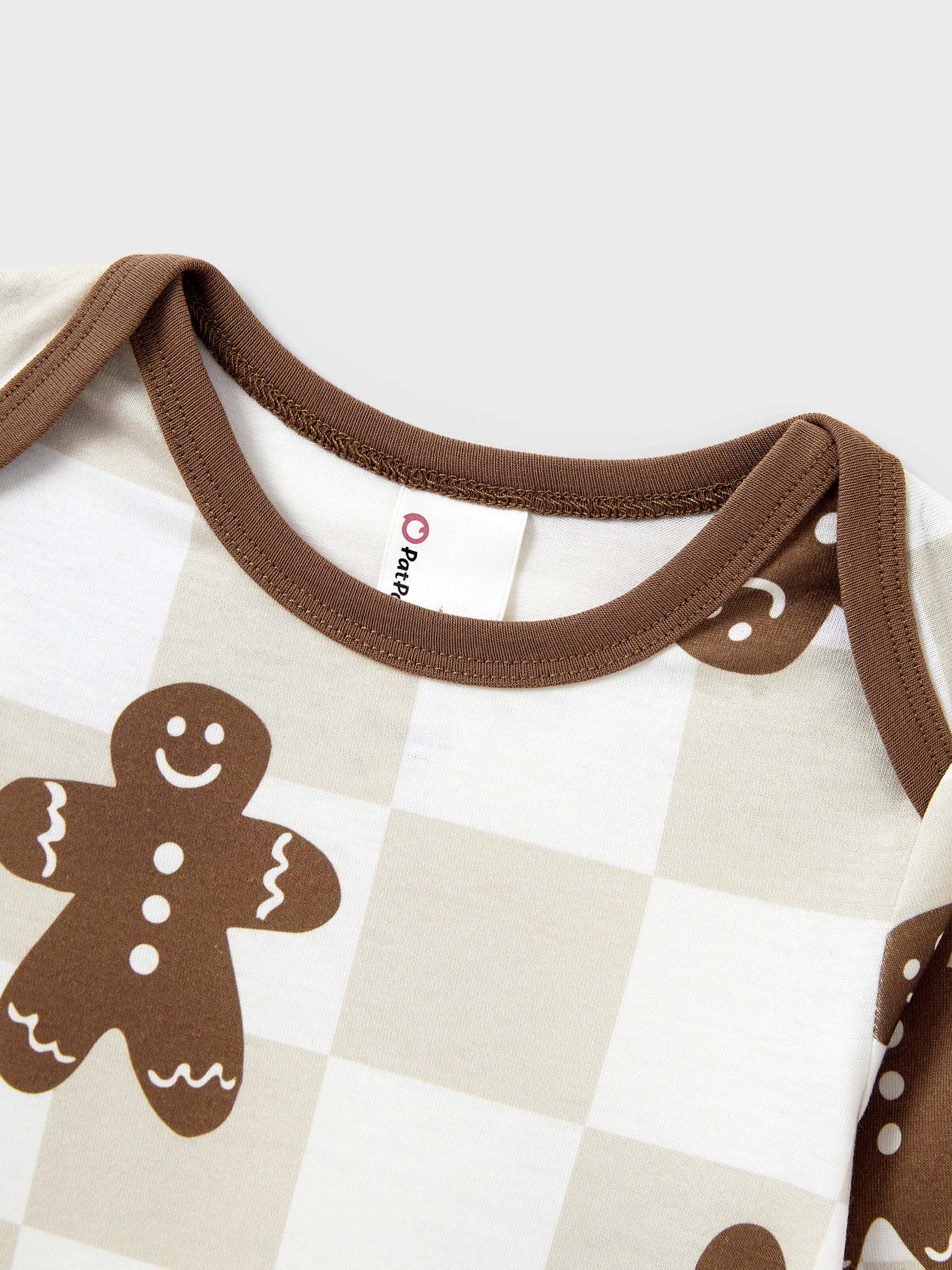 Christmas Matching Family Pajamas Set Block checkered Gingerbread Print PJS with Christmas Socks Khaki