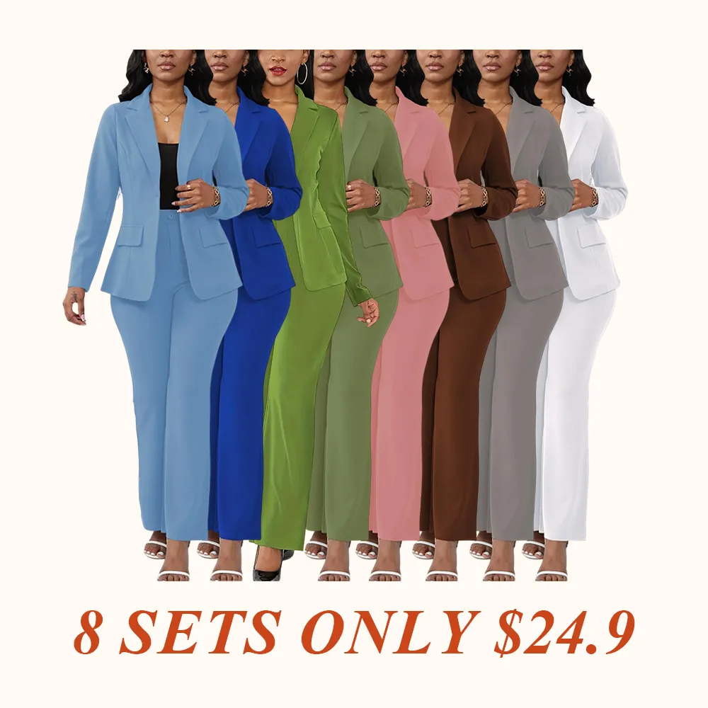 Women's Two-Piece Set Plain Button Lapel Blazer & Suit Pants, Elegant Business Casual Long Sleeve Outerwear