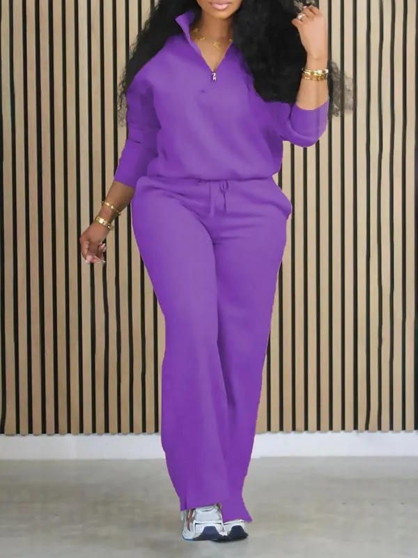 Women's Solid Half Placket Split Hem Pants Set