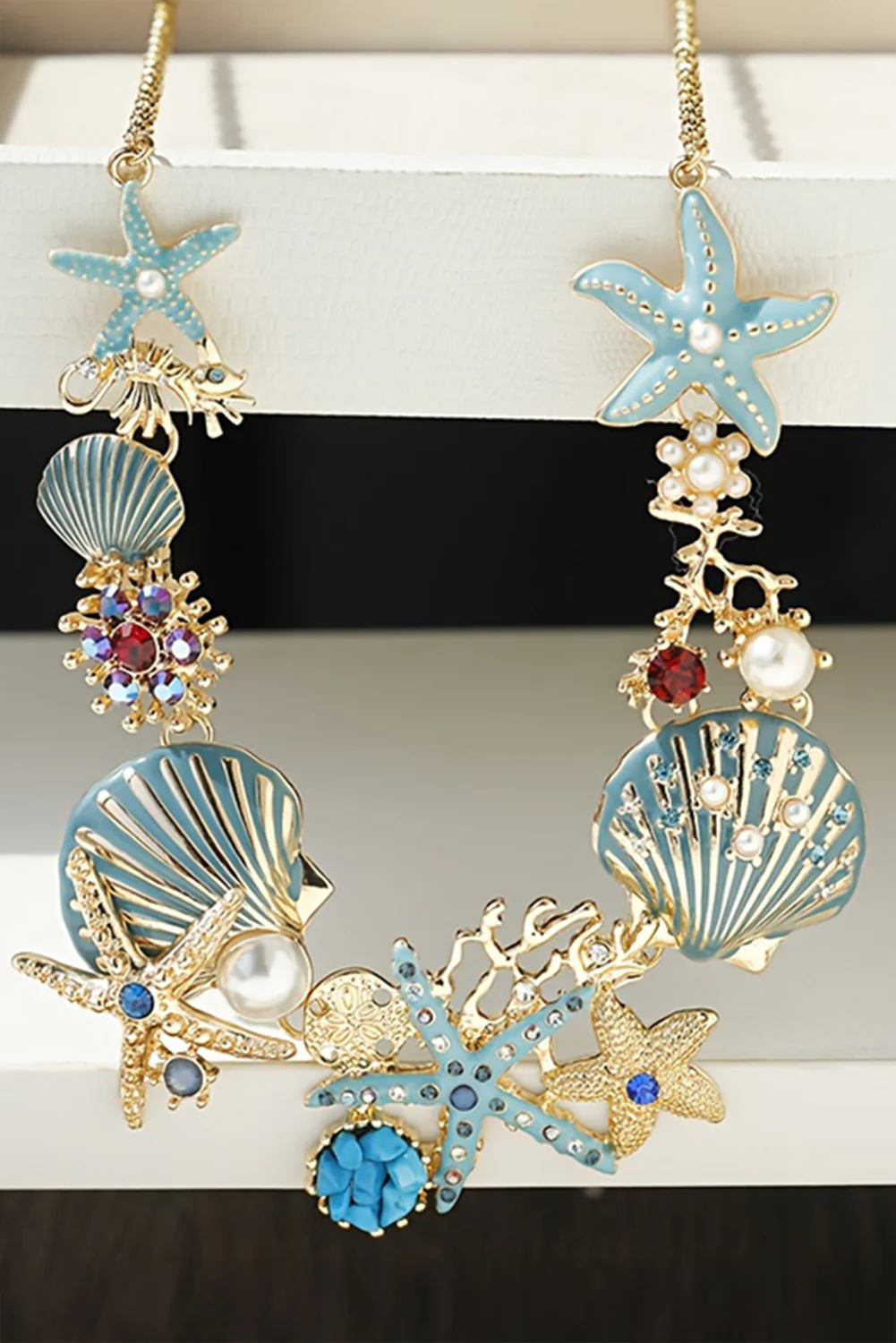 Light Blue Seashell Starfish Pearl Decor Alloy Adjustable Necklace