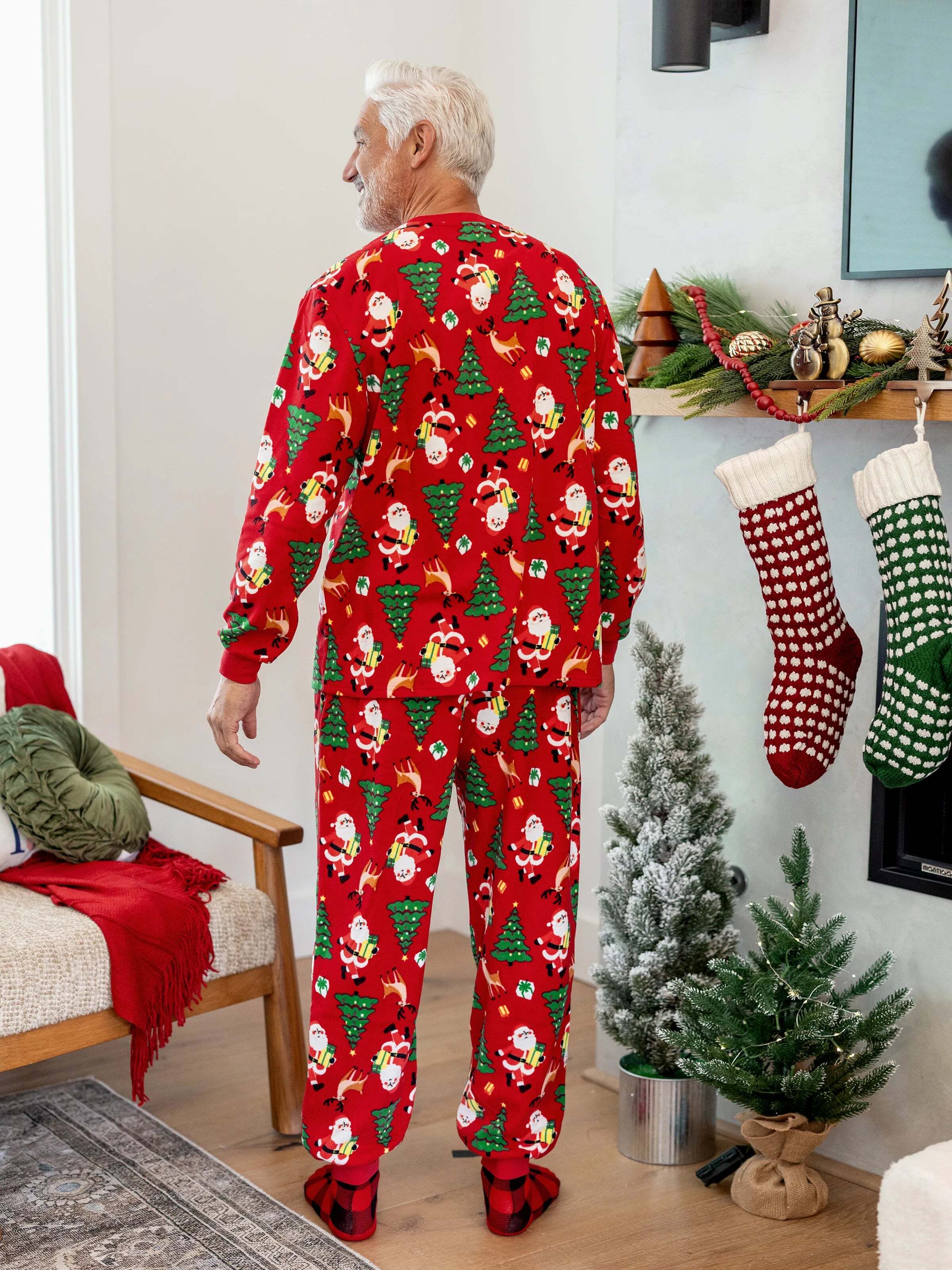 Christmas Matching Family Pajamas Set Santa Claus and Christmas Tree Print Red Fleece PJS with Christmas Socks Red