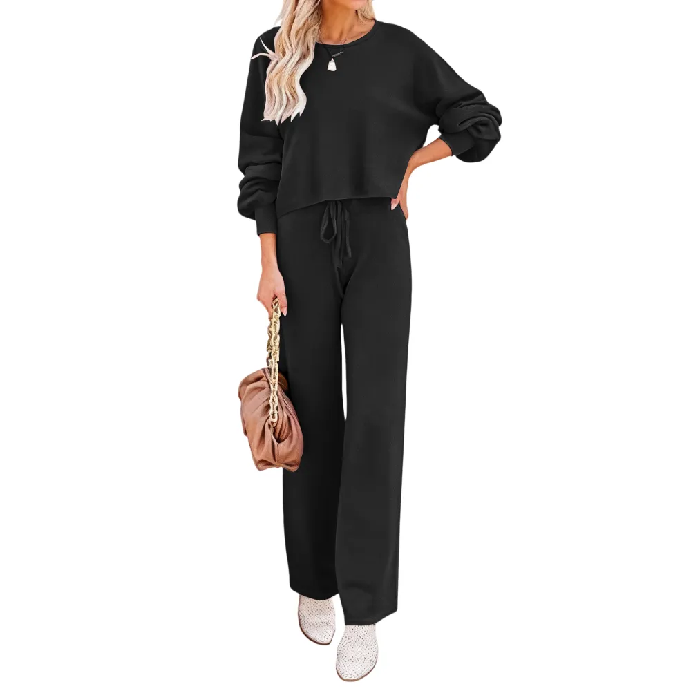 Womens Fall Winter Casual Solid Knitted 2 Piece Sets Long Sleeve Hoodie