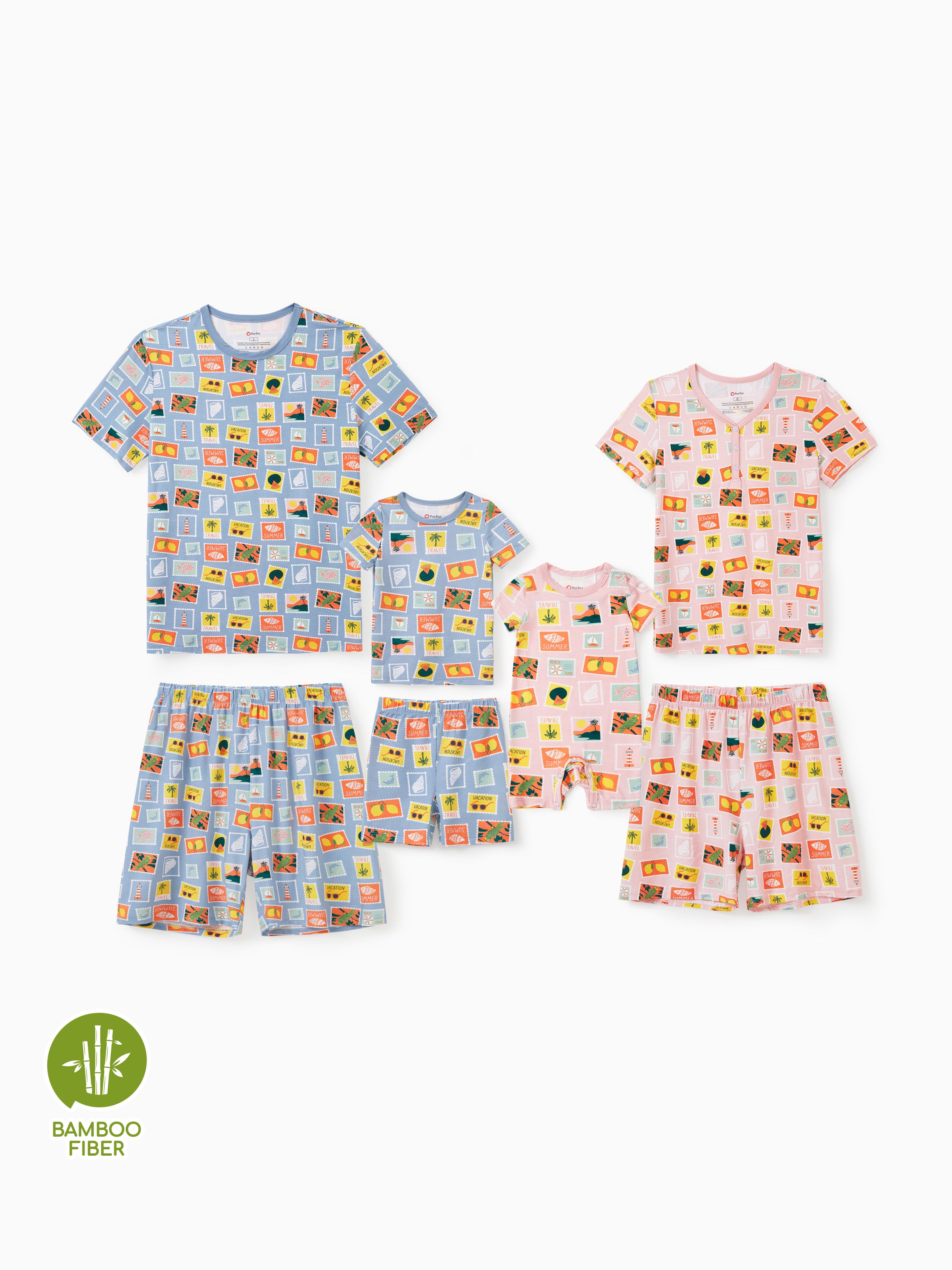 Bamboo Family Pajamas Vacation Theme Print Short-sleeve Matching Pajama set (Snug-Fitting for Children) Color block