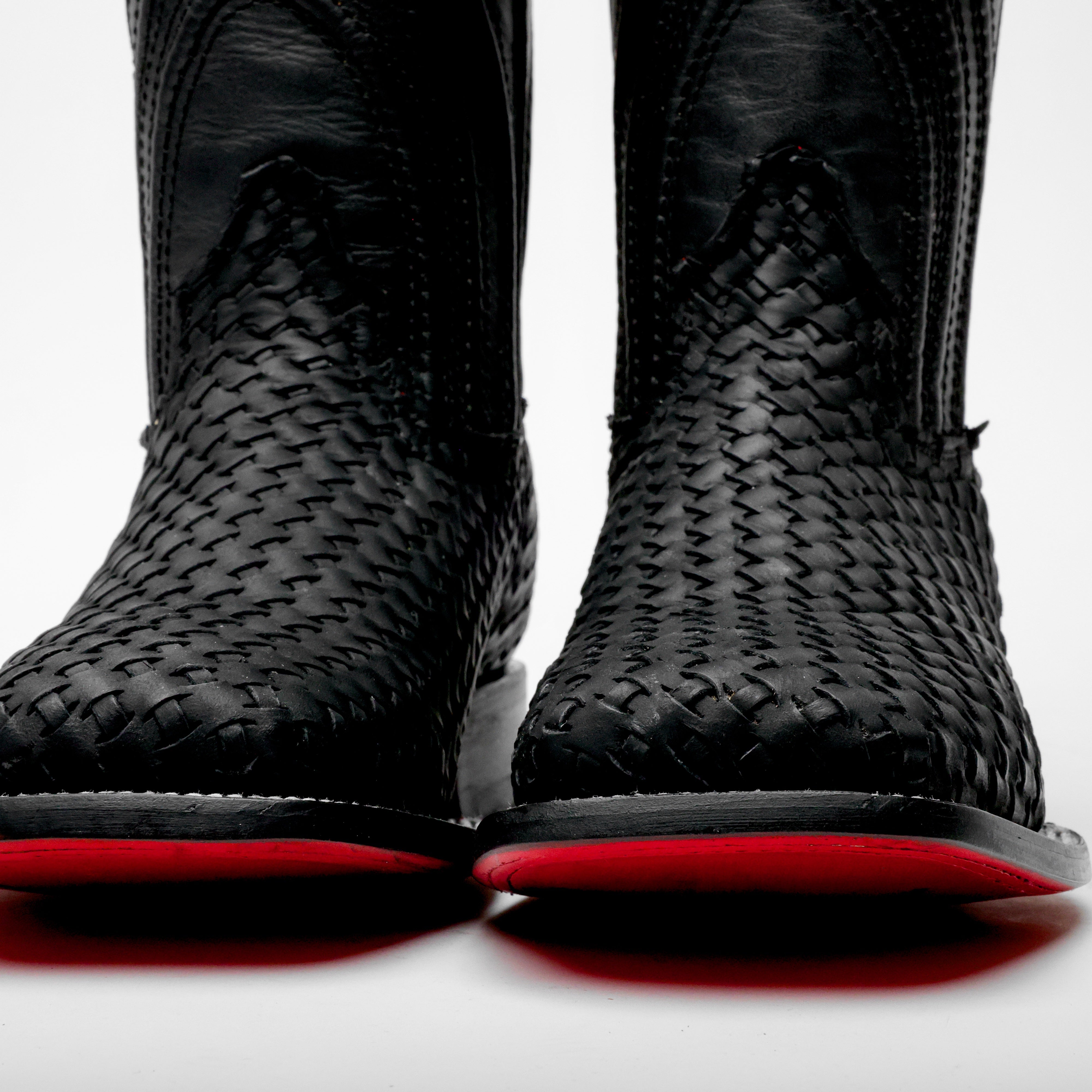 Black Basketweave Leather Boots - Square Toe
